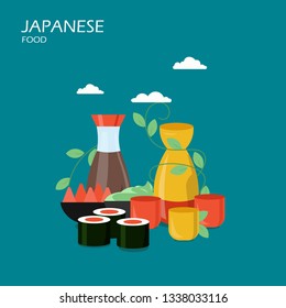 Japanese food vector flat illustration. Japanese maki sushi rolls, nigiri sushi, soy sauce etc. Traditional asian cuisine poster, banner.