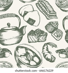 Japanese Food -  vector hand drawn vintage seamless pattern. Realistic sushi, ramen, fish, roll, rice ball, teapot, shrimp, miso soup.