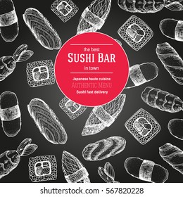 Japanese food vector illustration. Hand drawn Sushi design template. Card for restaurant menu