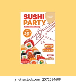 Japanese food. Vector illustration. Invitation sushi party card. Flyer. Invitation template design. Typographic template for your text.