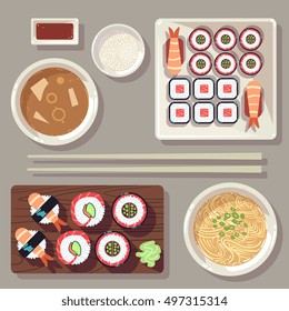 Japanese food vector illustration set. Shrimp and soup dinner on plate
