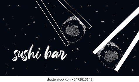 Japanese food. Vector illustration of sushi and sushi chopsticks. Sushi banner for restaurant.