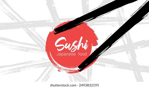 Japanese food. Vector illustration of sushi and sushi chopsticks. Sushi banner for restaurant.