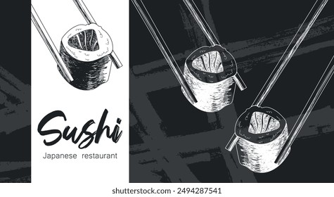 Japanese food. Vector illustration of sushi and sushi chopsticks. Sushi banner for restaurant.