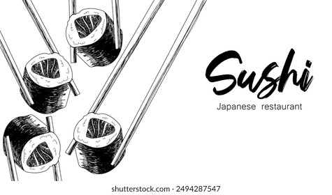 Japanese food. Vector illustration of sushi and sushi chopsticks. Sushi banner for restaurant.