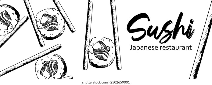 Japanese food. Vector illustration of sushi and sushi chopsticks. Sushi banner for restaurant.