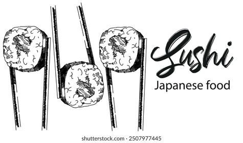 Japanese food. Vector illustration of sushi and sushi chopsticks. Sushi banner for restaurant. Black and white style.