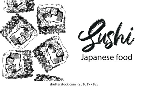 Japanese food. Vector illustration of sushi and sushi chopsticks. Sushi banner for restaurant. Black and white style.
