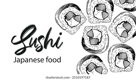 Japanese food. Vector illustration of sushi and sushi chopsticks. Sushi banner for restaurant. Black and white style.