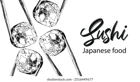 Japanese food. Vector illustration of sushi and sushi chopsticks. Sushi banner for restaurant. Black and white style.