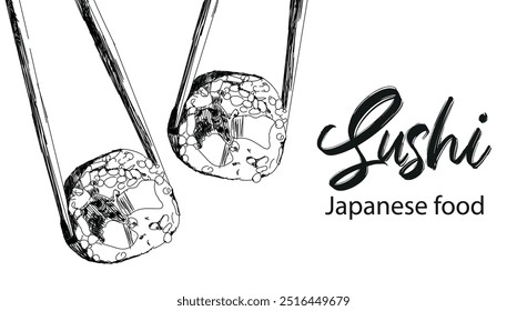 Japanese food. Vector illustration of sushi and sushi chopsticks. Sushi banner for restaurant. Black and white style.