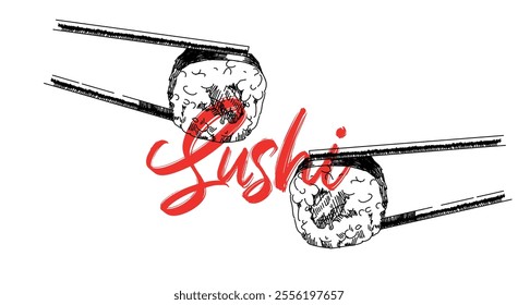 Japanese food. Vector illustration of sushi and sushi chopsticks. Sushi banner for restaurant. Black and white style.