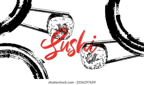 Japanese food. Vector illustration of sushi and sushi chopsticks. Sushi banner for restaurant. Black and white style.