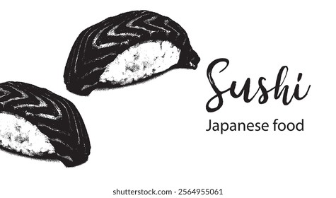 Japanese food. Vector illustration of sushi and sushi chopsticks. Sushi banner for restaurant. Black and white style.