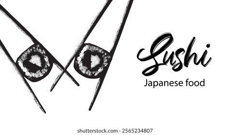 Japanese food. Vector illustration of sushi and sushi chopsticks. Sushi banner for restaurant. Black and white style.