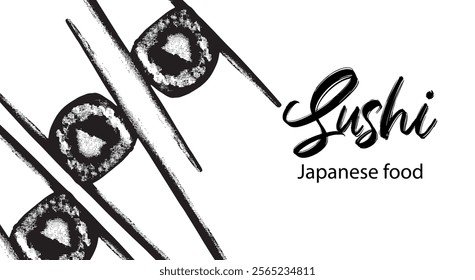 Japanese food. Vector illustration of sushi and sushi chopsticks. Sushi banner for restaurant. Black and white style.