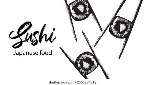 Japanese food. Vector illustration of sushi and sushi chopsticks. Sushi banner for restaurant. Black and white style.