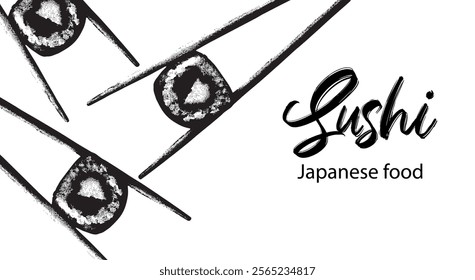 Japanese food. Vector illustration of sushi and sushi chopsticks. Sushi banner for restaurant. Black and white style.