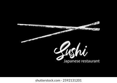 Japanese food. Vector illustration of sushi and sushi chopsticks. Sushi banner for restaurant. Black and white style.