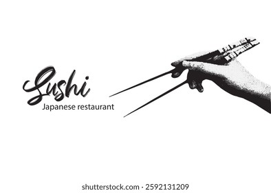 Japanese food. Vector illustration of sushi and sushi chopsticks. Sushi banner for restaurant. Black and white style.