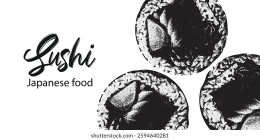 Japanese food. Vector illustration of sushi and sushi chopsticks. Sushi banner for restaurant. Black and white style.