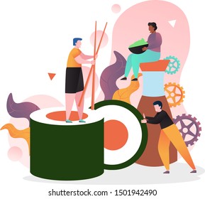 Japanese food vector illustration. Tiny characters pushing huge maki sushi roll, holding chopsticks, bowl of wasabi paste while sitting on soy sauce. Traditional asian cuisine, sushi bar, restaurant.