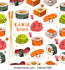 Japanese food vector Illustrations set. Sushi bar menu. Kawaii sushi, rolls, spices.