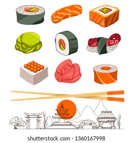 Japanese food vector Illustrations set. Sushi bar menu. Kawaii sushi, rolls, spices.