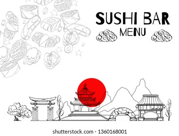 Japanese food vector Illustrations set. Sushi bar menu. Line art. Kawaii sushi, rolls, spices.