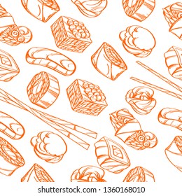 Japanese food vector Illustrations set. Sushi bar menu. Line art. Kawaii sushi, rolls, spices.