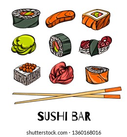 Japanese food vector Illustrations set. Sushi bar menu. Kawaii sushi, rolls, spices.