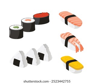 Conjunto de Vector de comida japonesa ilustración de stock. Conjunto de comida japonesa, cocina japonesa y Sushi Rolls con pescado y algas. Marisco Gunkanmaki Ikura, Tobiko, Uni, Uramaki Ilustración de stock