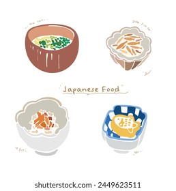 Japanese food vector. Soup and alacart dish in Japanese style illustration