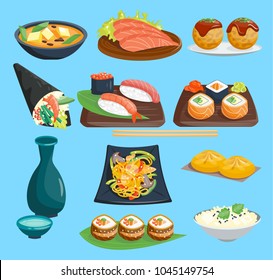 Japanese food vector sushi on plate sashimi roll or nigiri and seafood with rice in Japanese restaurant illustration cuisine with chopsticks Japanization set isolated on background