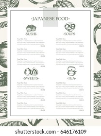 Japanese Food - vector vintage hand drawn composite template menu with copy space. Realistic sushi, ramen, fish, roll, rice ball, teapot, shrimp, miso soup.