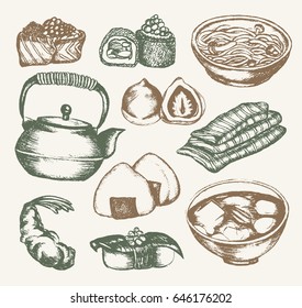 Japanese Food - vintage color vector hand drawn illustrative composition. Realistic sushi, ramen, fish, roll, rice ball, teapot, shrimp, miso soup.