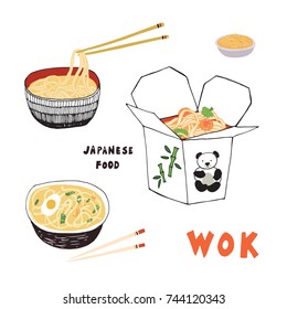 japanese food wok noodles vector doodle illustrations set