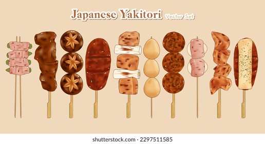 Japanese food yakitori grilled skewer chicken, handdrawn vector set