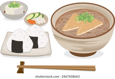 Japanese food_noodles
Kitsune soba set meal (rice ball set)

Set of buckwheat with fried tofu and rice balls