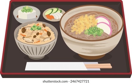 Comida japonesa_fideos
Juego de comida de Soba (juego de arroz cocido)

Juego de trigo sarraceno con tempura frita y arroz cocido