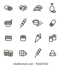 Japanese Foods Black Thin Line Icons Set for Web and App Include of Nigiri, Nori, Udon, Sashimi and Miso. Vector illustration of Food Icon