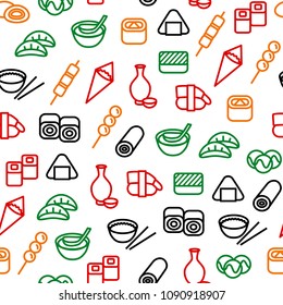 Japanese Foods Seamless Pattern Background on a White for Web and App Include of Nigiri, Nori, Udon, Sashimi and Miso. Vector illustration of Food Icon