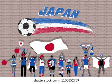Japanese football fans cheering with Japan flag colors in front of soccer ball graffiti. All the objects are in different layers and the text types do not need any font. 