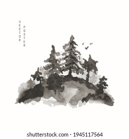 Japanese forest on the mountain. Vector illustration of watercolor trees in fog and birds. Drawing in Japanese and Chinese style. Vector illustration can be used for textile design, poster, postcard.