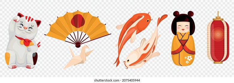 japanese fortune symbols transparent set of koi fish origami crane paper fan adorable maneki neko cat isolated vector illustration