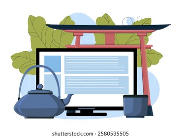 Japanese forum online. Teapot, computer and traditional asian building. Culture and traditions of Japan. Knowledge and information for tourists. Flat vector illustration