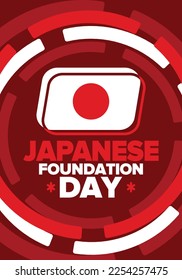 Japanese Foundation Day. Japan national happy holiday, celebrated annual in February 11. Japanese flag. Patriotic elements. Poster, card, banner and background. Vector illustration