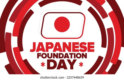 Japanese Foundation Day. Japan national happy holiday, celebrated annual in February 11. Japanese flag. Patriotic elements. Poster, card, banner and background. Vector illustration