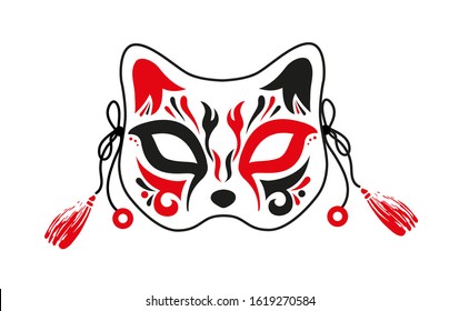 Japanese Fox, face mask, ornamental painting. Red and black paint. Vector image on a white background.