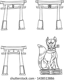 japanese Fox god with Tori gate or Poles
Tori isolate on white background.Fushimi inari Shrine set.Traditional Japanese culture for element printing on wallpaper.